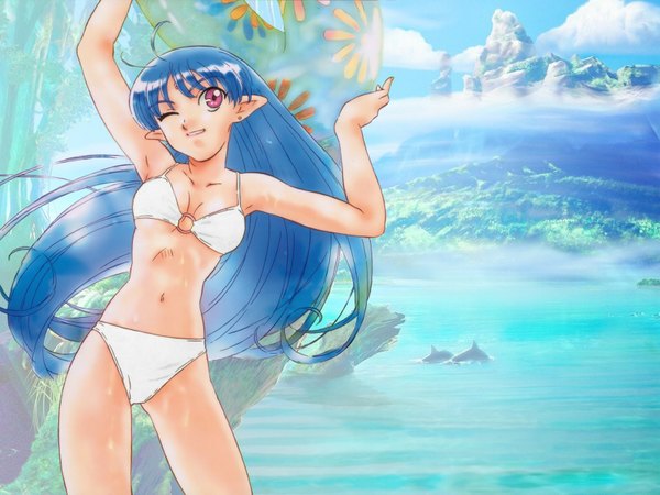 Anime picture 1600x1200 with seikai no senki lafiel long hair red eyes blue hair pointy ears landscape swimsuit bikini