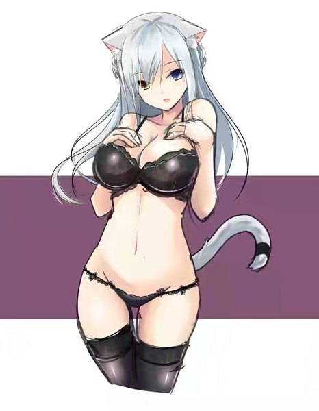 Anime picture 622x800 with original fatkewell single tall image fringe breasts open mouth blue eyes light erotic simple background smile hair between eyes large breasts white background bare shoulders animal ears yellow eyes cleavage tail blunt bangs