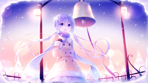 Anime picture 1920x1080 with voiceroid yuzuki yukari sakakidani single long hair looking at viewer blush fringe highres open mouth blue eyes smile hair between eyes wide image standing twintails purple hair outdoors :d low twintails