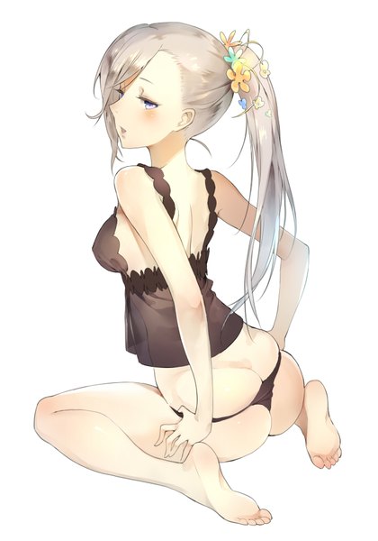 Anime picture 700x1000 with original kakiman (artist) single long hair tall image blush fringe breasts light erotic simple background white background sitting bare shoulders looking away full body bent knee (knees) ass ponytail parted lips profile