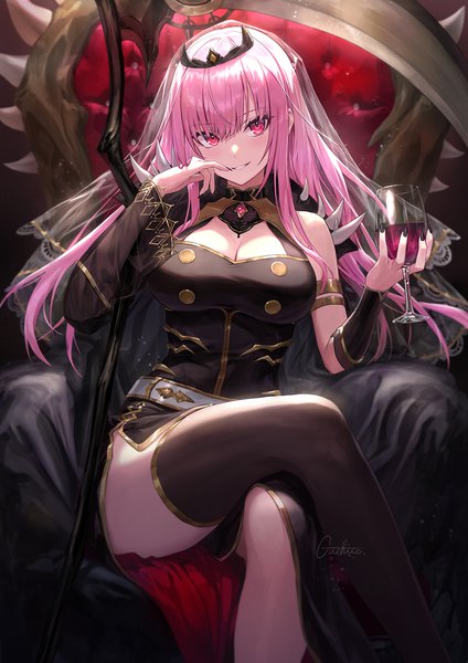 Anime picture 1000x1415 with virtual youtuber hololive hololive english mori calliope mori calliope (1st costume) guchico single long hair tall image looking at viewer blush fringe breasts smile hair between eyes sitting holding signed pink hair cleavage