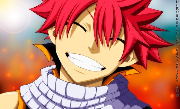Anime picture 1874x1134 with fairy tail natsu dragneel heroedekonoha single highres short hair smile wide image pink hair eyes closed sunlight sleeveless grin coloring portrait boy scarf sun