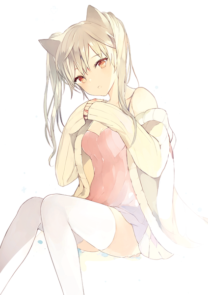 Anime picture 635x898 with original lpip single long hair tall image looking at viewer blush fringe open mouth light erotic blonde hair white background sitting twintails bare shoulders brown eyes cleavage head tilt open clothes open jacket