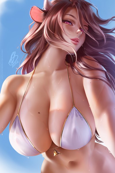 Anime picture 2600x3900 with original olchas single long hair tall image looking at viewer fringe highres breasts light erotic hair between eyes red eyes brown hair signed animal ears sky cleavage outdoors parted lips horn (horns)