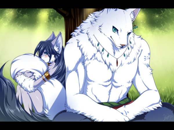 Anime picture 1440x1080 with original pixiv fantasia konshin long hair blush blue eyes sitting animal ears blue hair animal tail monster girl girl boy plant (plants) earrings choker bracelet grass furry