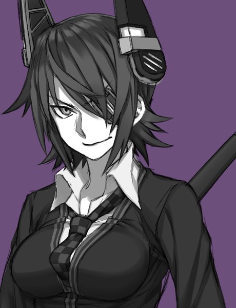 Anime picture 734x956 with kantai collection tenryuu light cruiser sora yoshitake yuda single tall image looking at viewer short hair simple background smile upper body monochrome open collar purple background girl uniform school uniform eyepatch robot ears