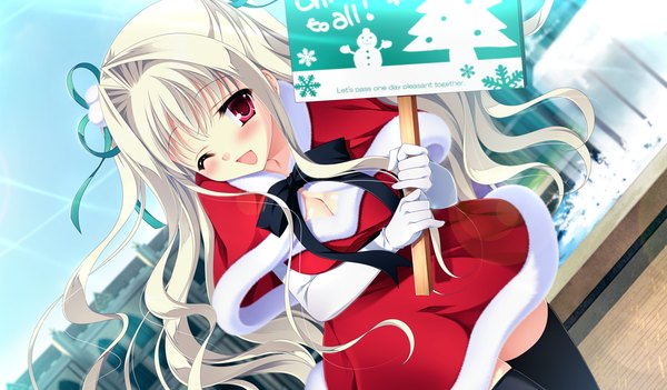Anime picture 1024x600 with da capo iii yoshino charles tanihara natsuki single long hair blush fringe open mouth red eyes wide image standing game cg white hair one eye closed wink dutch angle fur trim ;d girl thighhighs