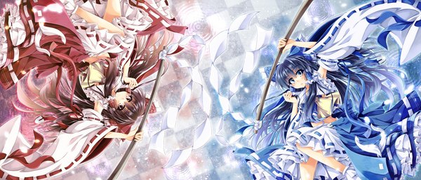 Anime picture 2389x1027 with touhou hakurei reimu syuutu long hair looking at viewer blush highres open mouth blue eyes brown hair wide image multiple girls brown eyes blue hair light smile dual persona checkered background alternate color girl dress