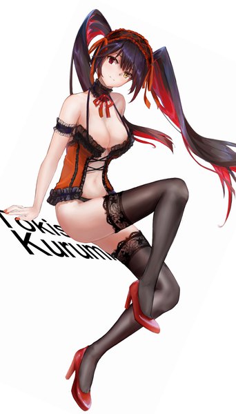 Anime picture 2481x4347 with date a live tokisaki kurumi lims (neko2lims) single long hair tall image looking at viewer highres breasts light erotic simple background red eyes large breasts white background sitting twintails bare shoulders yellow eyes cleavage full body