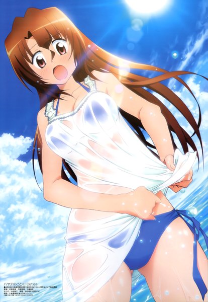 Anime picture 4095x5931 with hayate no gotoku! megami magazine maria (hayate no gotoku!) single long hair tall image highres open mouth light erotic brown hair brown eyes absurdres cloud (clouds) official art girl swimsuit bikini sundress