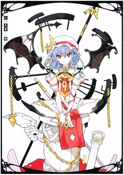 Anime picture 4290x6060 with touhou remilia scarlet ideolo single tall image looking at viewer fringe highres short hair smile hair between eyes red eyes sitting absurdres purple hair barefoot pointy ears scan alternate costume girl