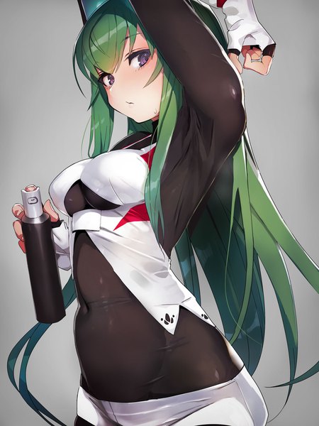 Anime picture 1500x2000 with original menou kaname taishi (picchiridou) single long hair tall image looking at viewer blush fringe breasts light erotic simple background standing purple eyes holding arm up green hair grey background covered navel sweatdrop