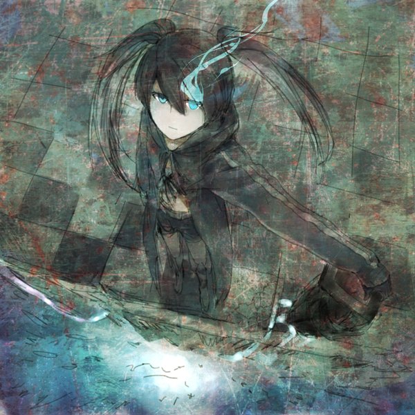 Anime picture 1500x1500 with black rock shooter black rock shooter (character) long hair looking at viewer blue eyes black hair twintails glowing glowing eye (eyes) girl gloves shorts bikini top