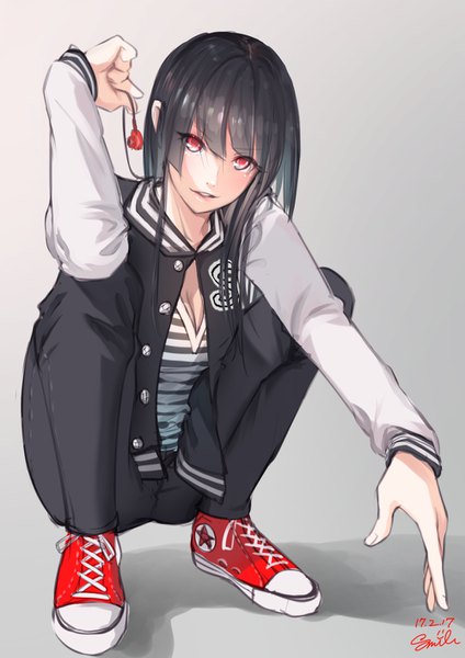 Anime picture 1000x1414 with original converse smile (qd4nsvik) single long hair tall image looking at viewer fringe breasts simple background smile hair between eyes red eyes holding signed cleavage full body bent knee (knees) long sleeves parted lips