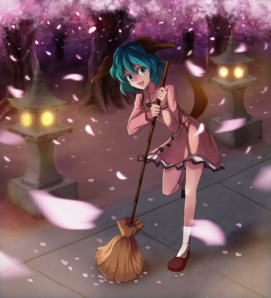 Anime picture 3149x3462 with touhou kasodani kyouko shinebell single tall image highres short hair blue eyes animal ears blue hair absurdres animal tail cherry blossoms girl plant (plants) petals tree (trees) lamp broom