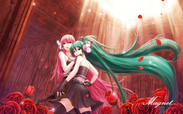 Anime picture 1440x900 with vocaloid hatsune miku megurine luka r.p.s long hair looking at viewer wide image twintails purple eyes multiple girls green eyes pink hair very long hair aqua hair alternate costume back girl thighhighs dress gloves