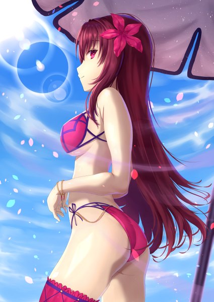 Anime-Bild 4299x6071 mit fate (series) fate/grand order scathach (fate) (all) scathach (swimsuit assassin) (fate) sou skate714 single long hair tall image looking at viewer fringe highres breasts light erotic hair between eyes red eyes standing bare shoulders absurdres sky purple hair