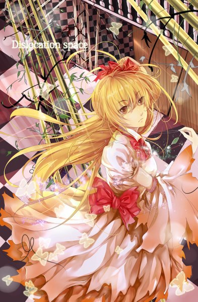 Anime picture 1847x2822 with vocaloid hongmao single long hair tall image looking at viewer highres blonde hair brown eyes ponytail side ponytail girl dress bow insect butterfly