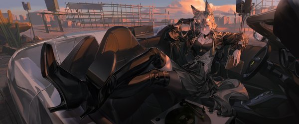 Anime picture 3612x1500 with arknights penance (arknights) alov single long hair looking at viewer fringe highres wide image sitting holding animal ears sky cloud (clouds) full body outdoors grey hair hair over one eye open jacket grey eyes
