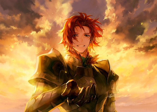 Anime picture 1500x1066 with fire emblem fire emblem: three houses nintendo sylvain jose gautier danhu single looking at viewer short hair smile signed yellow eyes sky cloud (clouds) upper body outdoors red hair grin evening sunset outstretched hand