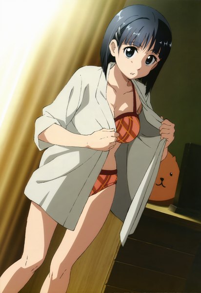 Anime picture 4079x5938 with sword art online a-1 pictures nyantype kirigaya suguha single tall image highres short hair light erotic black hair green eyes absurdres open clothes official art open shirt girl underwear panties lingerie bra