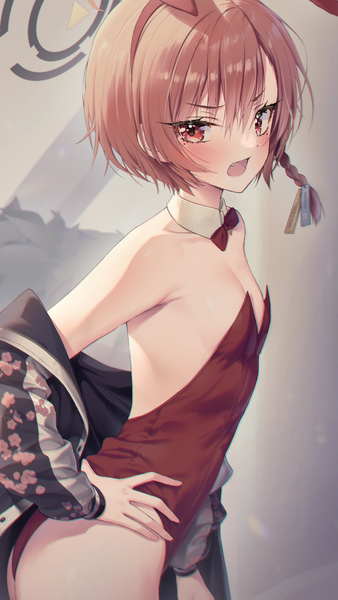 Anime picture 1015x1800 with blue archive neru (blue archive) neru (bunny girl) (blue archive) kuro futoshi single tall image looking at viewer blush fringe short hair open mouth light erotic hair between eyes red eyes brown hair braid (braids) open jacket hand on hip floral print side braid