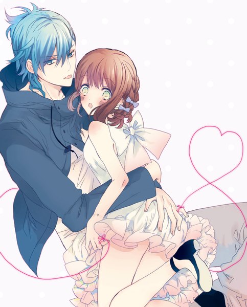 Anime picture 1389x1724 with uta no prince-sama a-1 pictures nanami haruka (uta no prince-sama) mikaze ai yurine (artist) tall image looking at viewer blush short hair light erotic simple background brown hair bare shoulders green eyes yellow eyes bent knee (knees) looking back aqua eyes aqua hair open clothes