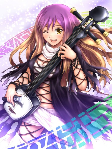 Anime picture 768x1024 with touhou hijiri byakuren hozenkakari single tall image looking at viewer blush open mouth brown hair yellow eyes one eye closed multicolored hair wink two-tone hair girl dress musical instrument sorcerer's sutra scroll shamisen