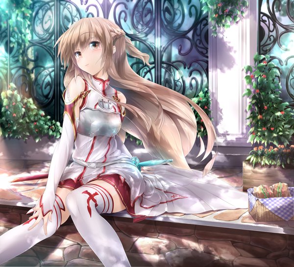 Anime picture 2100x1909 with sword art online a-1 pictures yuuki asuna wingheart long hair blush highres brown hair sitting bare shoulders brown eyes wind girl thighhighs plant (plants) detached sleeves white thighhighs food armor obento