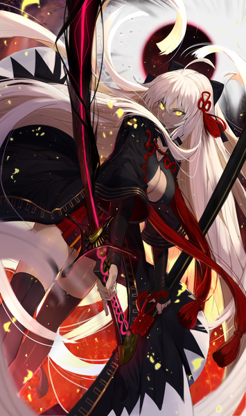 Anime picture 710x1200 with fate (series) fate/grand order koha-ace okita souji (fate) (all) okita souji alter (fate) touzai (poppin phl95) single tall image fringe breasts light erotic hair between eyes large breasts holding yellow eyes looking away cleavage ahoge white hair very long hair
