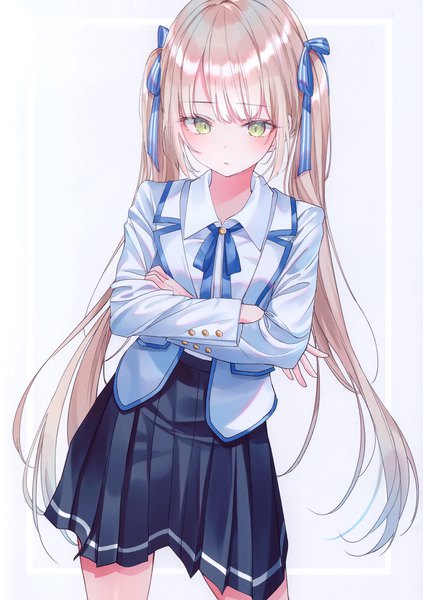 Anime picture 2074x2945 with original nabi (uz02) single long hair tall image blush fringe highres simple background blonde hair standing twintails green eyes payot blunt bangs long sleeves pleated skirt scan gradient background looking down