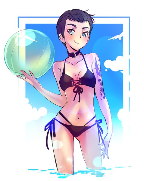Anime picture 1593x2000 with rwby rooster teeth vernal (rwby) iesupa single tall image looking at viewer short hair breasts blue eyes light erotic black hair smile tattoo partially submerged lens flare border girl navel swimsuit