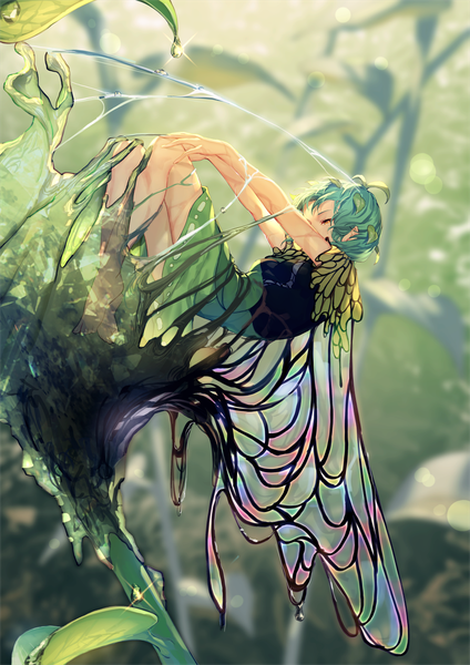 Anime picture 1000x1414 with touhou eternity larva uu uu zan single tall image short hair eyes closed barefoot aqua hair insect wings butterfly wings embryo's pose antennae girl dress plant (plants) wings slime