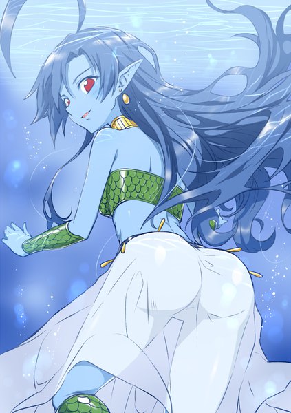 Anime picture 565x800 with original yuto (dialique) single long hair tall image looking at viewer fringe breasts open mouth light erotic hair between eyes red eyes blue hair ahoge ass looking back pointy ears from behind sideboob underwater