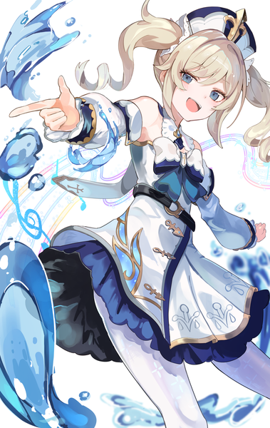 Anime-Bild 948x1500 mit genshin impact barbara (genshin impact) 2windrill single long hair tall image looking at viewer fringe open mouth blue eyes blonde hair white background twintails :d drill hair spread arms girl dress hat detached sleeves