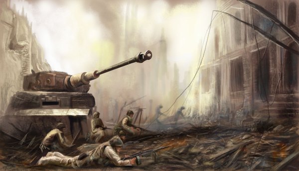 Anime picture 1200x686 with original adoc (artist) wide image ruins battle camouflage war weapon gun ground vehicle tank