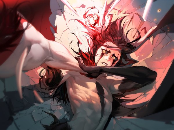 Anime picture 2048x1527 with bleach studio pierrot kurosaki ichigo ulquiorra schiffer tobu (bilibil) long hair looking at viewer highres black hair yellow eyes upper body lying parted lips horn (horns) from above multiple boys topless muscle pov face paint