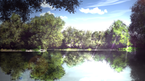 Anime picture 1920x1080 with original tsuruzen highres wide image sky cloud (clouds) reflection no people landscape nature plant (plants) tree (trees) water forest