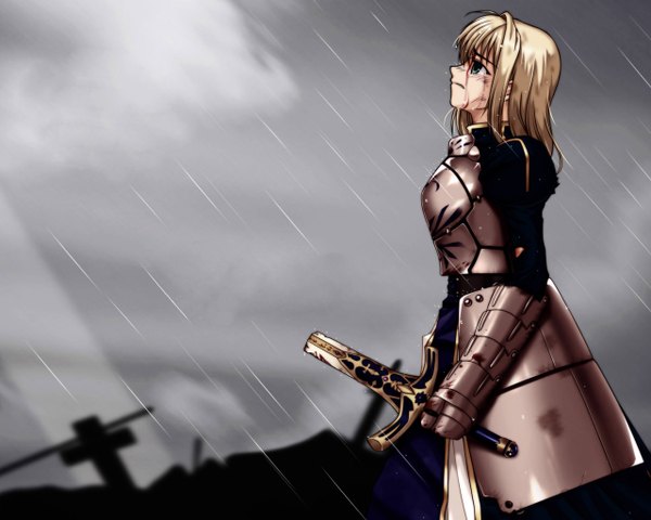 Anime picture 1280x1024 with fate (series) fate/stay night studio deen type-moon artoria pendragon (all) saber rain girl sword blood