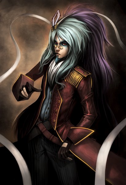 Anime picture 1500x2200 with original ninjatic single long hair tall image red eyes purple hair very long hair multicolored hair aqua hair two-tone hair mouth hold smoke eyeshadow smoking brown background boy gloves ribbon (ribbons) glasses
