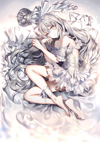 Anime picture 1000x1414 with original kouyafu single long hair tall image looking at viewer blush fringe breasts hair between eyes bare shoulders full body ahoge lying barefoot grey hair on side silver eyes girl dress