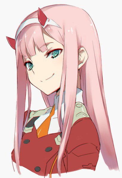 Anime picture 657x962 with darling in the franxx studio trigger zero two (darling in the franxx) kawata hisashi single long hair tall image looking at viewer fringe simple background smile white background pink hair blunt bangs horn (horns) aqua eyes portrait military girl uniform