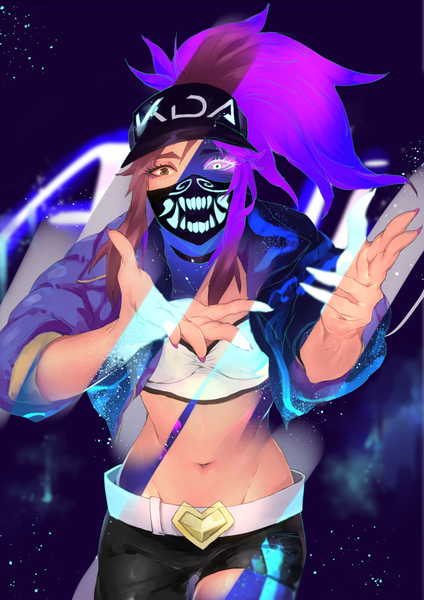 Anime-Bild 1000x1414 mit league of legends k/da (league of legends) akali (league of legends) k/da akali user unny8553 single long hair tall image looking at viewer fringe hair between eyes brown hair standing brown eyes payot purple hair ponytail nail polish fingernails open jacket