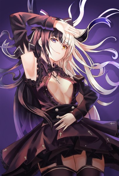 Anime picture 1500x2215 with original cup6542 single long hair tall image looking at viewer fringe breasts light erotic black hair simple background hair between eyes purple eyes yellow eyes payot white hair lying multicolored hair arm up two-tone hair