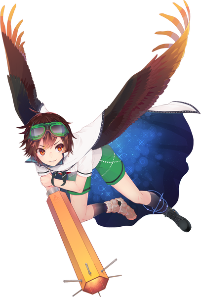 Anime picture 1591x2346 with touhou reiuji utsuho keemoringo single tall image short hair simple background smile brown hair white background brown eyes ahoge scar alternate hairstyle flying goggles on head genderswap adapted costume starry sky print arm cannon