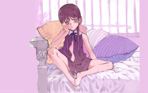 Anime picture 1920x1200 with littlewitch oyari ashito single long hair looking at viewer highres light erotic brown hair wide image purple eyes full body barefoot bare legs head rest girl pillow