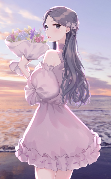 Anime picture 2706x4355 with original monjja single long hair tall image looking at viewer blush fringe highres standing holding sky cloud (clouds) outdoors parted lips looking back grey hair from behind grey eyes puffy sleeves