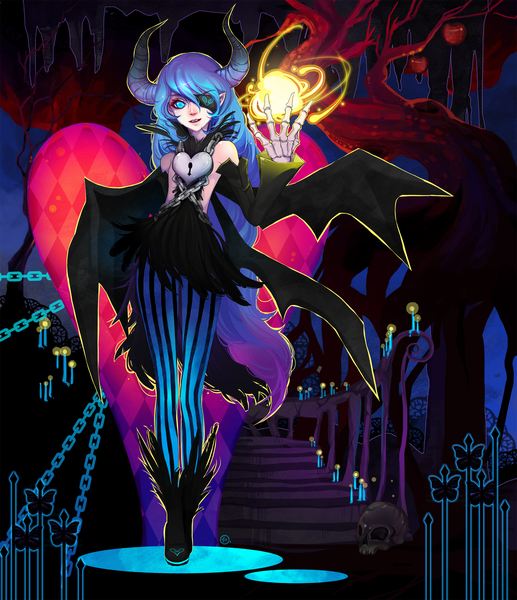 Anime picture 1816x2105 with jinkimania (artist) single long hair tall image highres open mouth blue eyes blue hair purple hair multicolored hair horn (horns) two-tone hair magic striped demon wings rhombus bone (bones) girl pantyhose wings