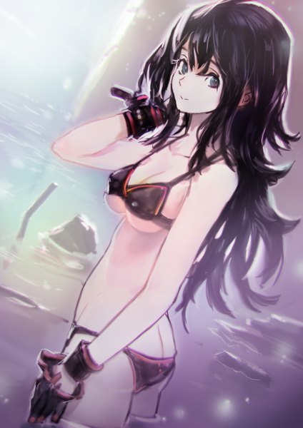 Anime picture 2480x3508 with original okuto single long hair tall image looking at viewer fringe highres breasts light erotic black hair smile hair between eyes standing bare shoulders ass outdoors light smile black eyes partially submerged