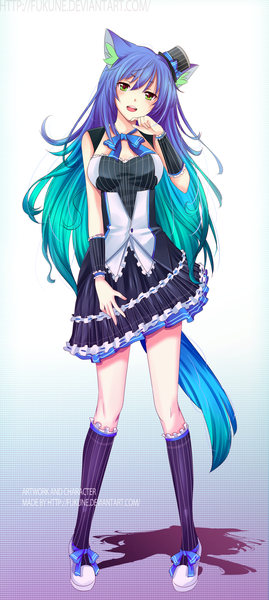 Anime picture 1024x2278 with fukune single long hair tall image looking at viewer fringe breasts open mouth large breasts standing green eyes animal ears blue hair purple hair tail animal tail multicolored hair cat ears shadow cat girl